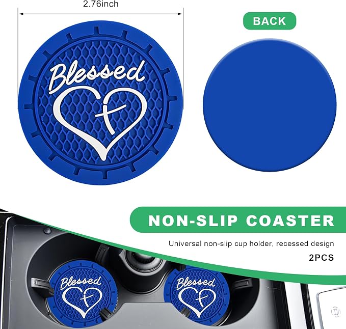 2 PCS Car Cup Holder Coaster, 2.76 Inch Non-Slip Auto Drink Mats with Blessed Cross and Heart, Shockproof Christian Cup Insert Coaster for Most Vehicles, Car Accessories (Blue)
