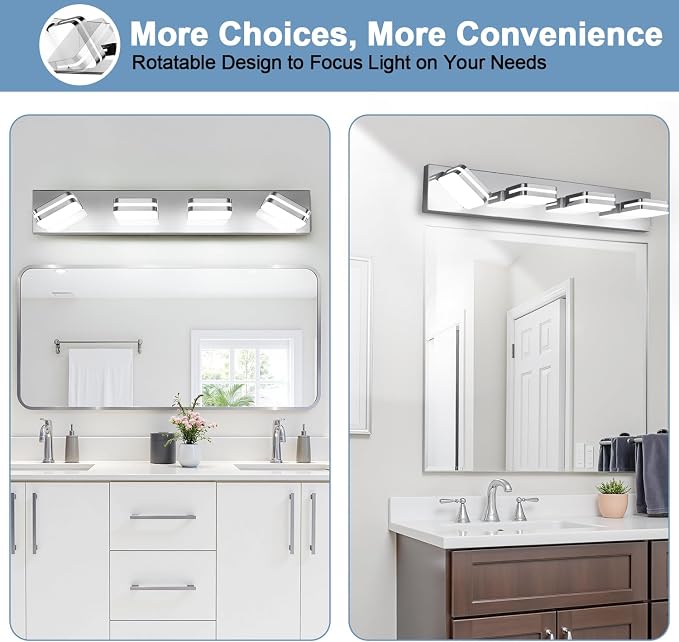 Torondo 360° Rotate LED Bathroom Vanity Light Fixtures, Acrylic Vanity Lights for Bathroom, Modern Wall Lighting Fixtures Over Mirror Living, Chrome, Natural White, 4-Light, 27-Inch