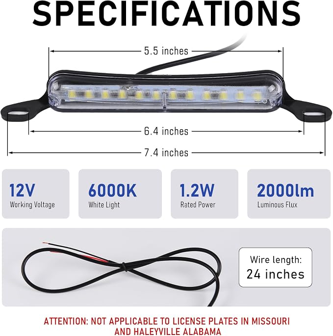 Xenon White LED License Plate Light, 12V DC Ultra Bright Assembly Replacement, Waterproof and Durable, Universal License Plate Light for Car Trailers RV Truck UTV ATV Boats.