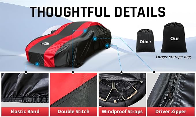 Car Cover Waterproof All Weather Protection with Red Stripe Design, Universal Fit Toyota Camry Solara, Ford Fusion, Kia Stinger Optima, Nissan Maxima, VW Passat, Subaru Legcy