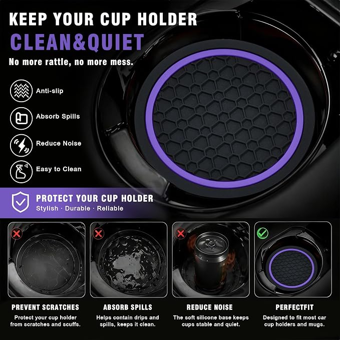 4PCS Car Cup Holder Coasters, 2.75 Inch Non-Slip Insert Water Bottle Holder Pads, Dustproof Automotive Interior Accessories Mat, Universal for Vehicles, Trucks, RVs and More (Purple)