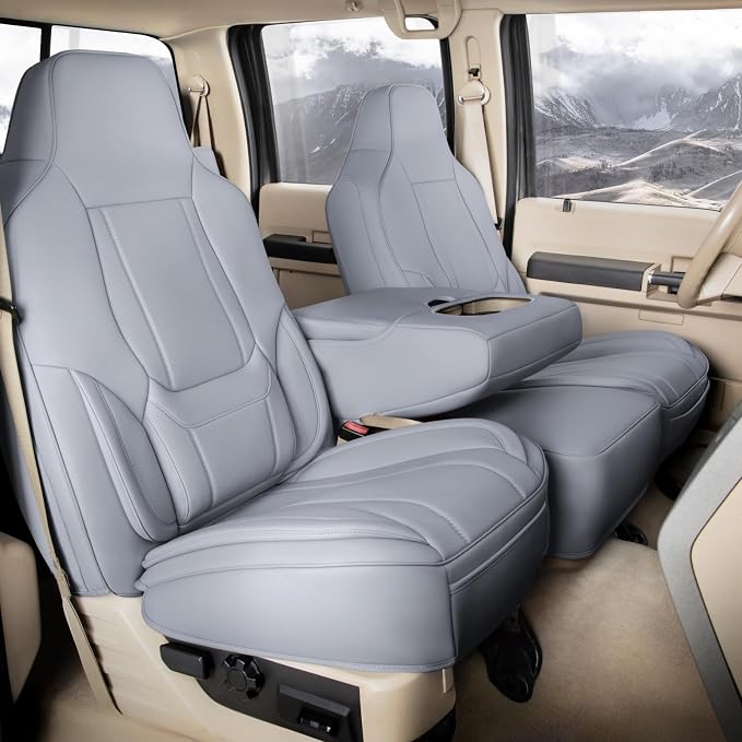 Coverland Custom Truck Car Seat Covers Front Seats for [2021-2026 Ford F150 Super, SuperCrew Cab Front Bucket Seats Rear 40/60 Bench w/o Armrest] - Protector Water Resistant Leather [Front-Gray]