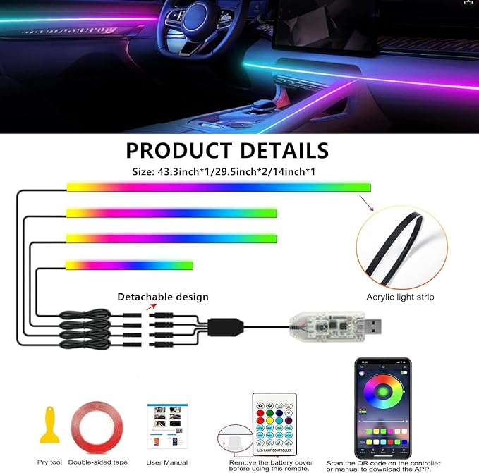 Interior Car LED Strip Lights, Acrylic LED Lights for Car with Dynamic Dreamcolor Chasing, Ambient Lighting Kits Music Sync Wireless APP and Remote Control (4 in 1)