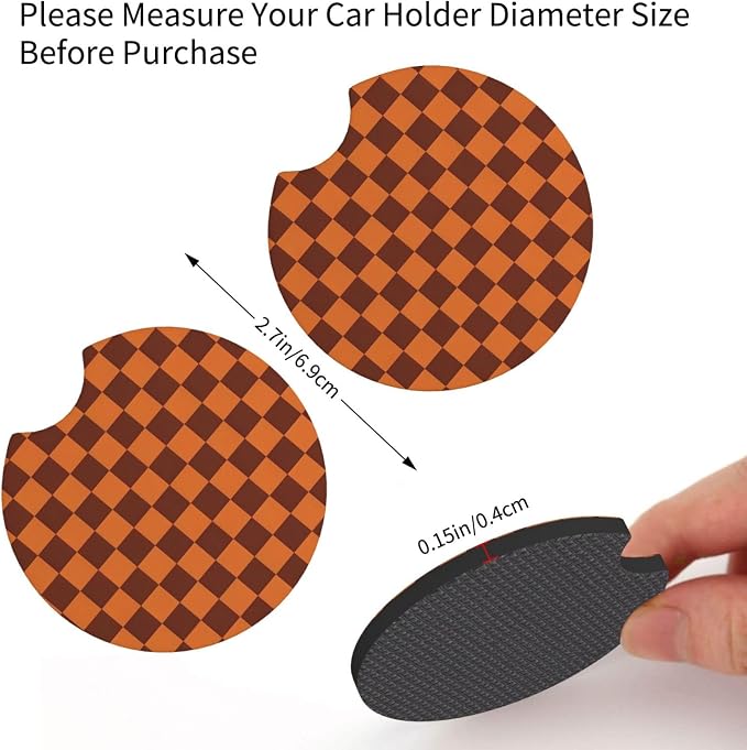 Checkered Brown Steering Wheel Cover - Brown Checkered Steering Wheel Cover Anti-Slip Breathable for 15 in Universal 2 Pcs Car Interior Cup Holder Pad for Men Women