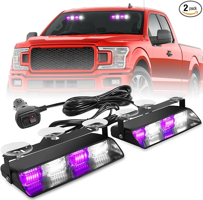 HLauto 2002L Emergency Dash Strobe Lights: Purple White Safety Lights, Flashing Warning Hazard Windshield Visor Traffic Light Bars for Trucks, Construction Vehicles (2x8.5 inch, 48LED)