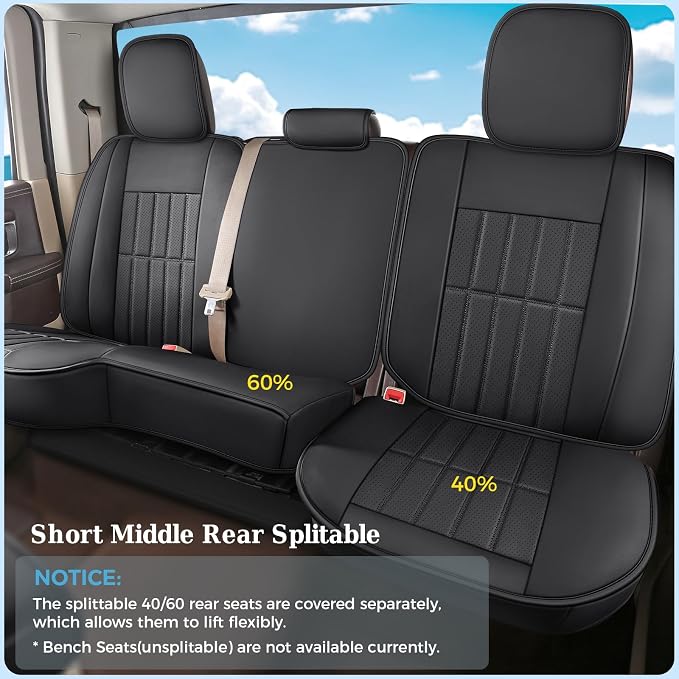 Truckiipa Car Seat Covers Full Set, Dodge Ram Seat Covers Full Coverage Leather Protector Pickup Truck Accessories, Custom Fit for 2002-2018 Ram 1500, 2002-2025 Ram 2500 3500 Crew Mega Cab, Black