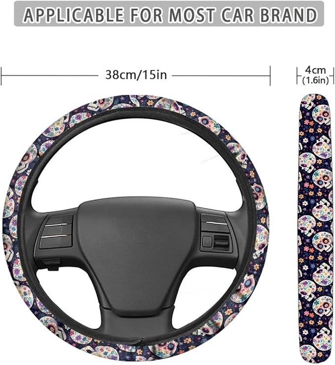 AFPANQZ Steering Wheel Cover for Women, Hippie Flower Skull Sweat Absorbing Non-Slip Steering Wheel Protection Case, Machine Washable Elastic Flexible Universal 14 to 15 inch