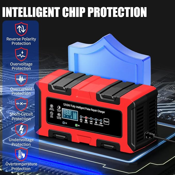 12V/24V 10Amp Smart Car Battery Charger, Automatic Maintainer & Trickle Charger, Desulfator, Temp Compensation, Overcharge Protection for Automobile Truck Motorcycle Boat LiFePO4 AGM Gel STD Batteries