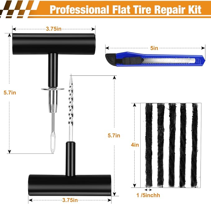 63PCS Flat Tire Repair Kit, Tubeless Tire Repair Kit, Tire Plug Kit Heavy Duty Professional, Emergency Tire Fix Tool for Car, Motorcycle, ATV, Tractor, RV, Truck
