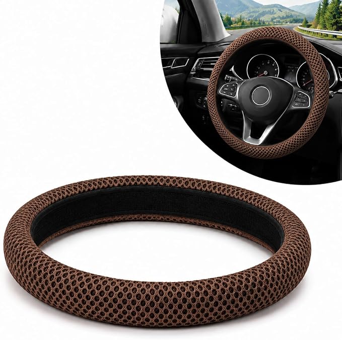 Breathable Elastic Steering Wheel Cover,15 Inch Stretch Steering Wheel Protector,Microfiber Ice Silk Anti-Slip Car Wheel Cover,Odorless Comfort Grip Interior Accessory for Cars SUV Truck（Brown）