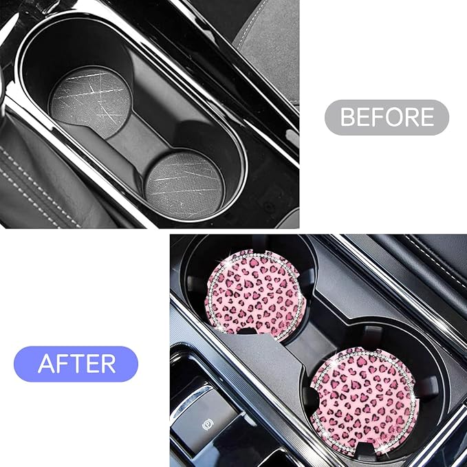 Car Cup Holder Coaster, 2PCS Silicone Car Cup Holder Insert Leopard Print, 2.75" Universal Non-Slip Cup Holders, Interior Car Accessories for Women and Man (Pink)