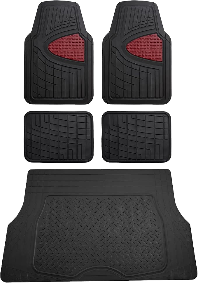 FH Group Premium Liners Tall Channel Trimmable All Weather Rubber Full Set Car Floor Mats (Pink) w. Trimmable All-Season Cargo Liner (Burgundy) - Universal Fit for Cars Trucks and SUVs