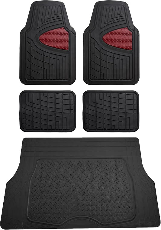 FH Group Premium Liners Tall Channel Trimmable All Weather Rubber Full Set Car Floor Mats (Pink) w. Trimmable All-Season Cargo Liner (Burgundy) - Universal Fit for Cars Trucks and SUVs