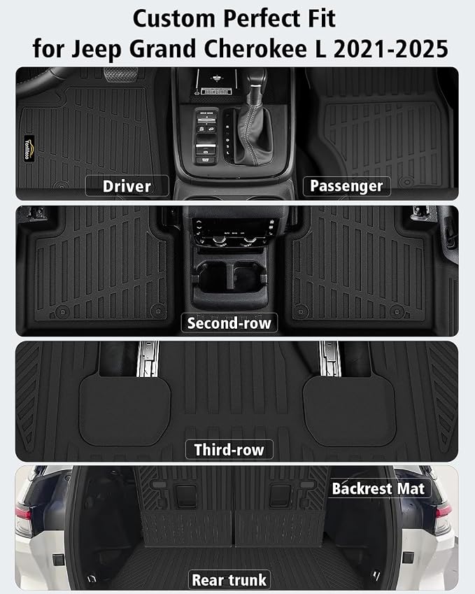 Floor Mats Custom for Jeep Grand Cherokee L 2021-2025 2026 Captain Chair(Only for 6-Seater w/o 2nd Row Armrest) TPE All Weather Cargo Liner with Backrest Mat & Door Sill Guards Accessories, Black