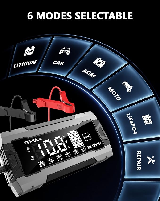 12V 10A Smart Battery Charger Fully Automatic Battery Maintainer Trickle Charger with Pulse Repair LCD Display Temp Compensation for AGM Gel SLA LiFePO4 Flooded Deep Cycle Motorcycle Boat Batteries