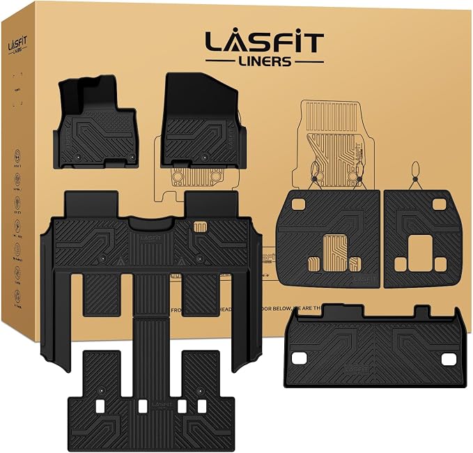 LASFIT Floor Mats & Backrest Mats & Cargo Mat for Kia Carnival SX Prestige 2026 2025 2024 2023 2022 (Only Fit Gas & 7 Seats), All Weather TPE Custom Fit Floor Liners Car & Trunk Mat Accessories,Black