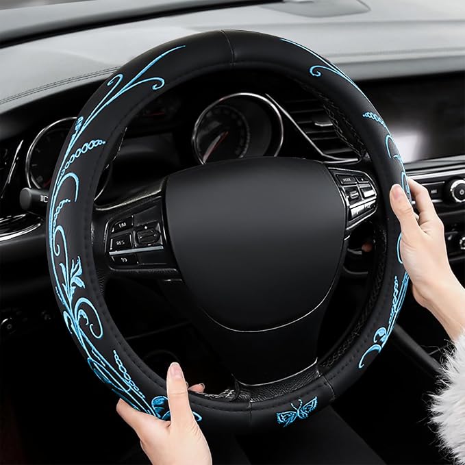 Car Leather Steering Wheel Cover - Panapi Material, Universal 14.5-15 Inch Leather Anti-Slip Breathable Auto Steering Wheel Covers for Men Women (Embroidery-Blue)
