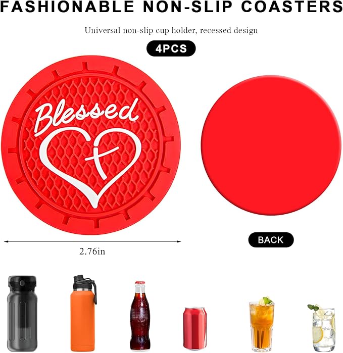 4 PCS Car Cup Holder Coaster, 2.76 Inch Soft PVC Non-Slip Blessed Cross and Heart Christian Car Cup Coasters, Auto Interior Shockproof Insert Drink Mat for Most Vehicles (Red)