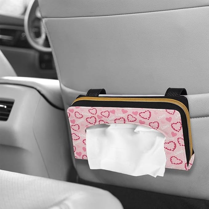 Pink Hearts Car Visor Tissue Box Holder Car Interior Accessories Sun Visor Accessories PU Leather Napkin Holder for Backseat