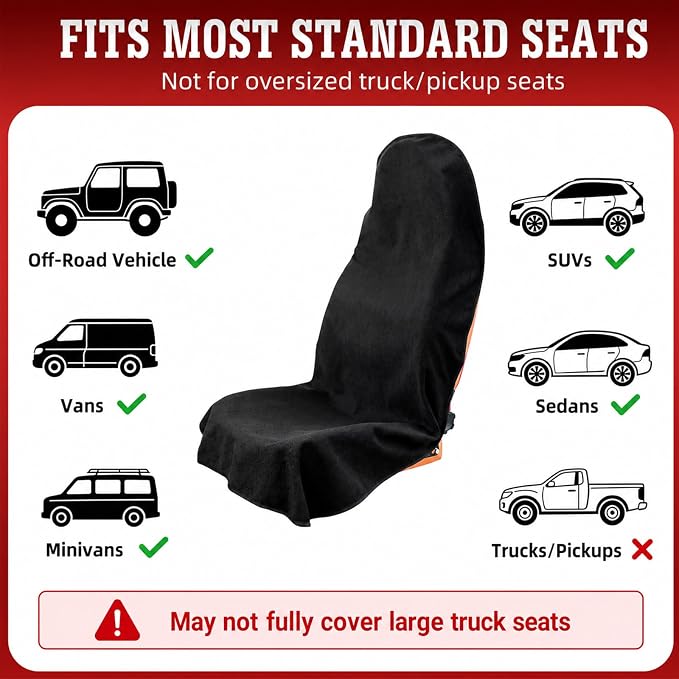 550g Heavy Duty Towel Car Seat Cover, Waterproof Sweat Protector for Post-Gym & Beach, Non-Slip Microfiber Bucket Seat Mat for Sedans SUV Minivans, Machine Washable (Black, 1-Pack)