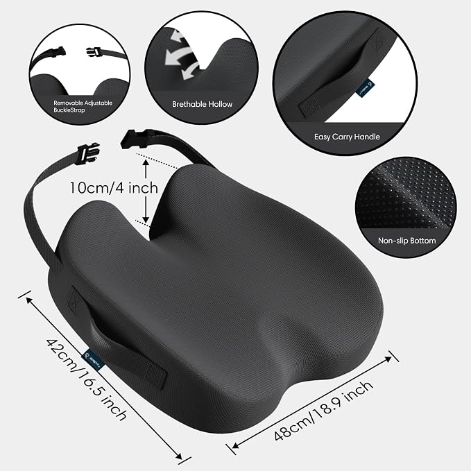 Large Memory Foam Seat Cushion for Office Chair, Car, Truck & Wheelchair - Sciatica, Coccyx & Tailbone Pain Relief Cushion for Long Sitting & Driving