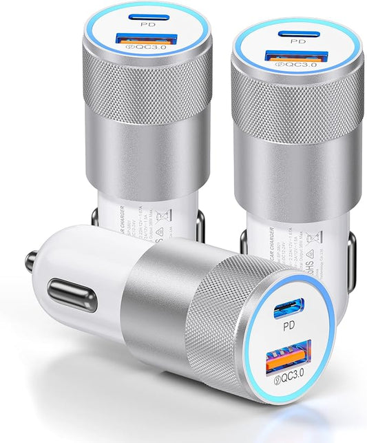 3-Pack Car Charger, Ancekoy 38W Dual Port Fast Charge PD & QC 3.0 Car Adapter Cigarette Lighter USB Plug for iPhone 16/15/14/13 Pro Max, iPad, Galaxy S25/S24/S23 and More (White)