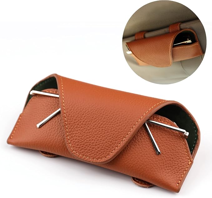 Magnetic Sunglass Holder for Car Visor, Leather Car Glasses Holder | Brown Visor Accessories Eyeglasses Holder Glasses Storage Case