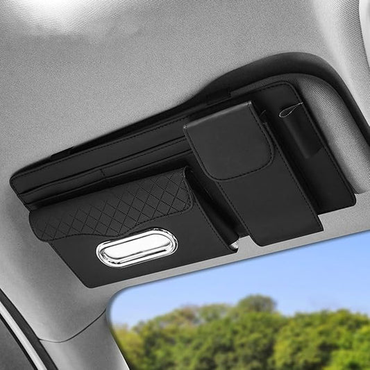 ZIMISI Leather Car Visor Organizer, Sun Visor Storage Bag, Car Tissue Holder, Multi-Pocket Document Holder, Vehicle Travel Accessories for Pen, License, Cards, Sunglasses, Tissues (Black)