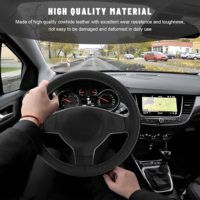Genuine Leather Steering Wheel Cover, 15 Inch Stitch on Steering Wheel Protector with Needle & Thread, Anti-Slip DIY Sewing Wheels Wrap for Most Vehicles (Black, Glossy)