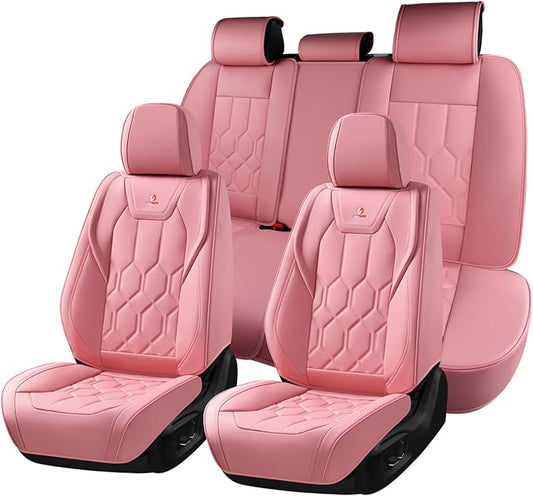 Huidasource Seat Covers Full Set, Universal Fit for Cars SUVs Trucks, Pink | Full Coverage Leather Car Seat Cover, Airbag, Cupholder Compatible, Seat Function Retain, Velcro Adjustable