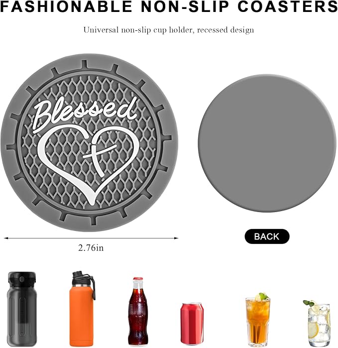 2 PCS Car Cup Holder Coaster, 2.76 Inch Soft PVC Non-Slip Blessed Cross and Heart Christian Car Cup Coasters, Auto Interior Shockproof Insert Drink Mat for Most Vehicles (Gray)