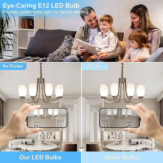 Candelabra LED Light Bulbs 60-Watt Equivalent, Daylight White 5000K, E12 Candelabra Base, 6 Watt A15 LED Bulbs for Ceiling Fan, Vanity Mirror Light | 6-Pack