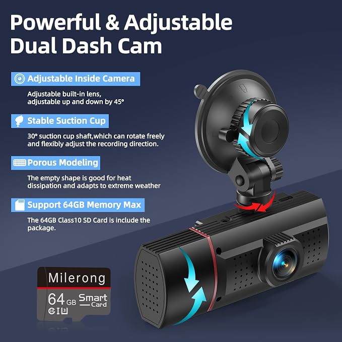Dual Dash Cam Front and Inside with 64GB Card,1080P Dash Camera for Cars | Milerong X25 Dashcam with Night Vision,Loop Recording,G-Sensor,24H Park Monitor,Inside Car Camera for Uber/Lyft/Taxi Driver