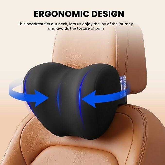 ZZ-WELL Car Headrest Pillow, Car Neck Pillow for Neck Pain Relief with Adjustable Strap, Memory Foam & Breathable Removable Cover, Travel Car Neck Pillow for Pain Relief While Driving (Black, 2Pack)