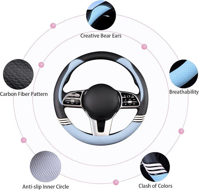Small 14 inch Cute Leather Steering Wheel Cover Black and Blue | Breathable Non-Slip Faux Leather and Carbon Fiber Car Accessories for Women Men 13.5 inch to 14 inch