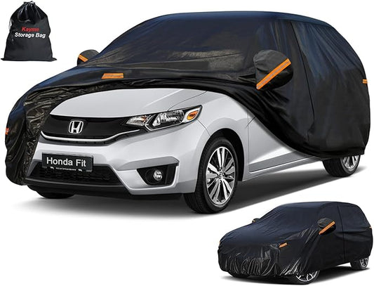 Kayme 7 Layers Car Cover Custom Fit for Honda Fit, Waterproof All Weather for Automobiles,Rain Sun UV Protection.Black