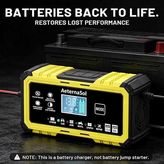 15-Amp 12V/24V Smart Battery Charger Trickle Charger for LiFePO4,Lead Acid Batteries Smart Battery Maintainer with Temp Compensation for Car Truck Lawn Mower Boat Marine