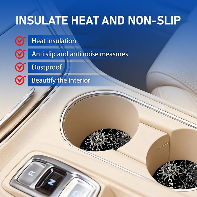 Sun Moon and Stars Car Cup Holder Coaster, 2.75" Silicone Non-Slip Cup Holder Insert Coasters, Car Accessories Interior Decorations for Women and Man 2 Pack Black (Sun&Moon)