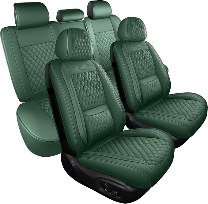 Green Thick Nappa Leather 3D Contoured Automotive Car Seat Covers Full Set | Univerasal Precision Fit,Lumbar Support,3D Contoured,Waterproof,ThickTexture,for most Suvs Trucks Sedans