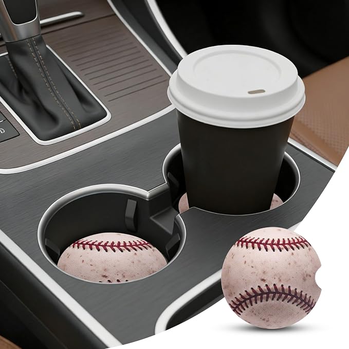 2 Pack Baseball Car Coasters for Men Women Car Cup Holder Coasters, 2.63 Inch Anti Slip Ceramic Absorbent Coaster with Cork Base and Finger Notch, Funny Car Accessories Interior