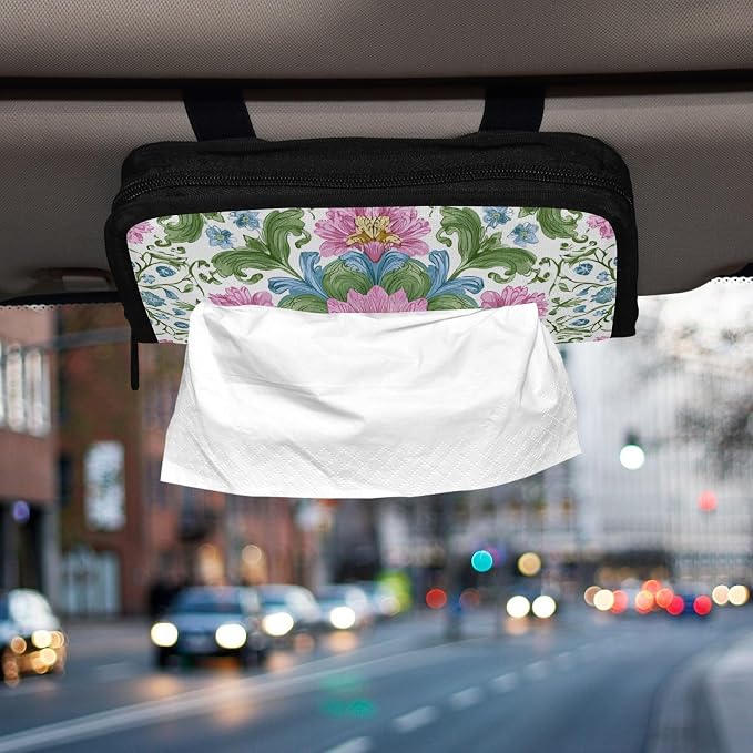 White Pink Green Flower Boho Mandala Car Tissue Holder Durable Napkin Holder Hanging Tissue Holders Case Car Tissues Bag for Sun Visor Seat Back Universal Auto