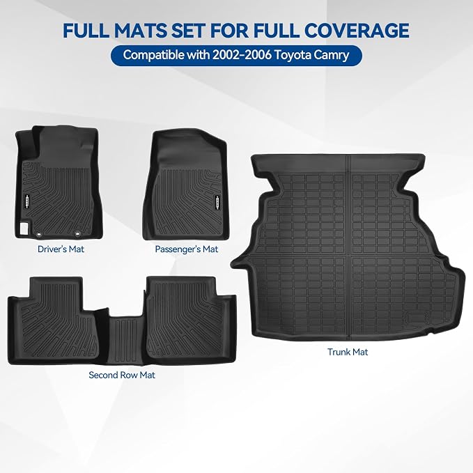 Custom Fit Floor Mats for Toyota Camry 2002-2006 | All Weather TPE Floor Liners with Trunk Mat | Odorless Interior Accessories
