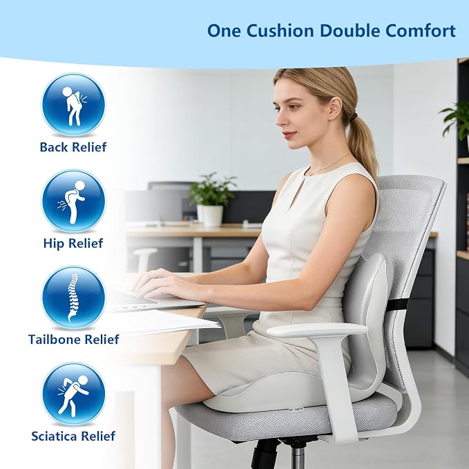 Ergonomic Memory Foam Seat Cushion with Strap for Office Chair, Light Grey | Contoured coccyx cutout supports back and butt, with a non-slip base and washable cover for office chairs and cars.