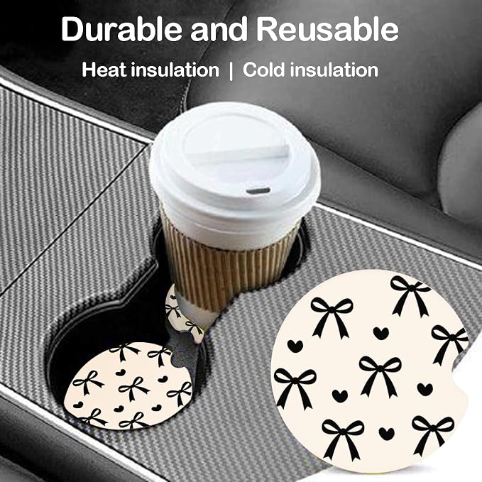 Ceramic Car Coasters – Absorbent Car Cup Holder Coaster Set for Women, Cute Aesthetic Car Accessories for Girls, 2 Pack (White)