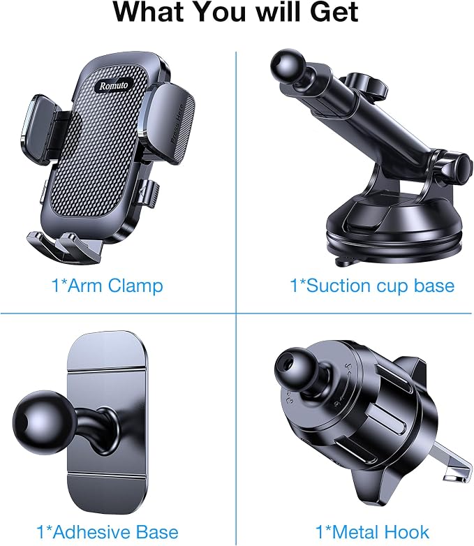 Romuto Phone Holders for Your Car Phone Holder Mount【Super Suction】 Cell Phone Holder for Car Accessories for Women Men【360° Adjustable】 Suction Phone Mount for Car, Window, Bathroom
