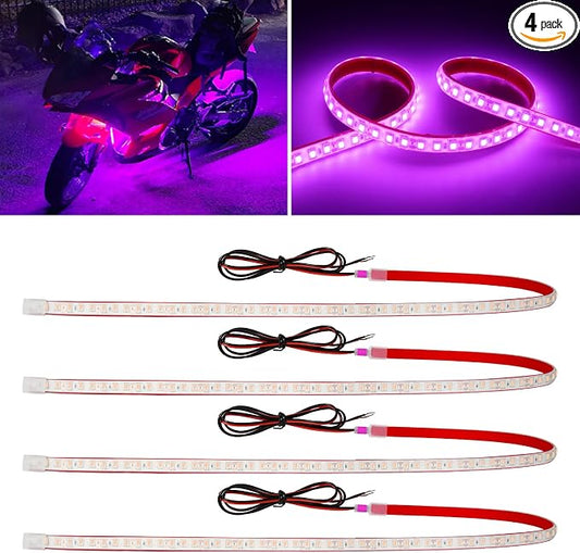 DUOFU365 Pink Led Strip Lights,24inch 12V Interior Light Strip IP68 Waterproof Cuttable for Car Motorcycles Boat Golf Cart Truck Cargo Home Decoration with Strong Nano Tape(4PCS)
