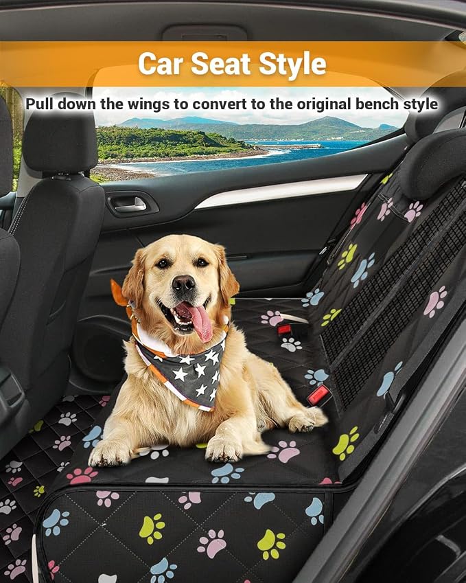 Dog Car Seat Cover, 600D Heavy Dute Car Seat Cover for Dogs Pets, 100% Waterproof Anti-Scratch Nonslip Dog Hammock for Cars, Seat Covers Protector with SeatBelt for Sedan SUV Truck Standard Paw