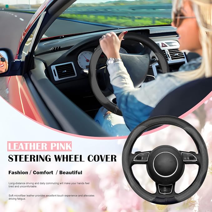 SuperKaKa Gray and Black Car Steering Wheel Cover 2025, Universal Auto PU Cute Breathable Slip-Proof Comfort Imitation Leather Protector Cars Interior Accessories for Women Men Fit Most Vehicle