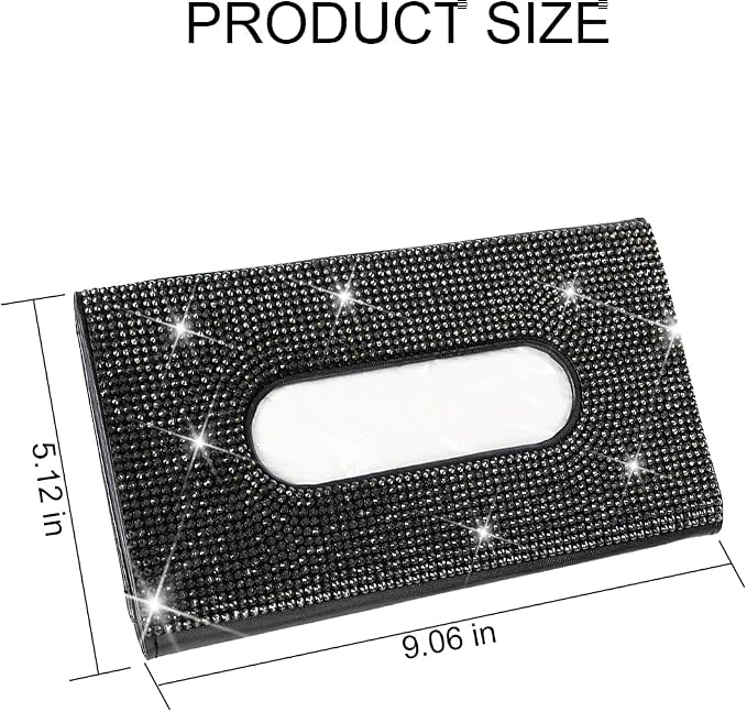 Bling Car Tissue Holder for Sun Visor, Crystal Rhinestone Leather Vehicle Paper Towel Case, Glitter Diamond Auto Napkin Clip Accessories for Women, Universal for SUV, RV, Truck (Black)