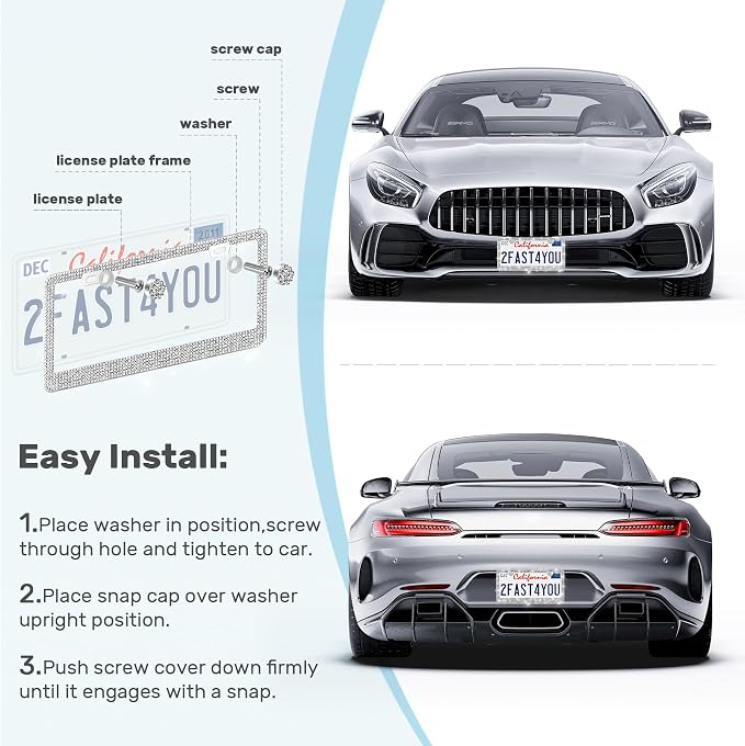 QUANQIUFEI 2 Pack Bling License Plate Frames, Sparkly Rhinestone Diamond Car License Plate Cover for Women, Stainless Steel Car Accessories with Glitter Crystal Caps (Silver)